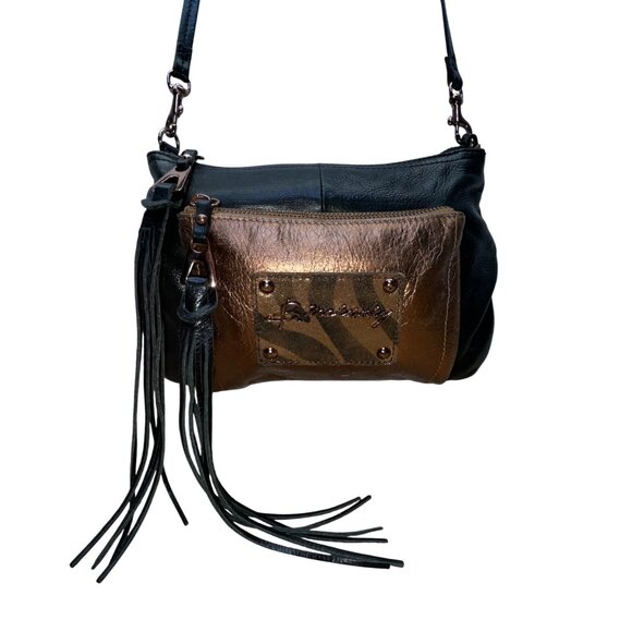 B. Makowsky Women’s Black & Bronze Leather With Fringe Zippered Crossbody Bag - Picture 1 of 15